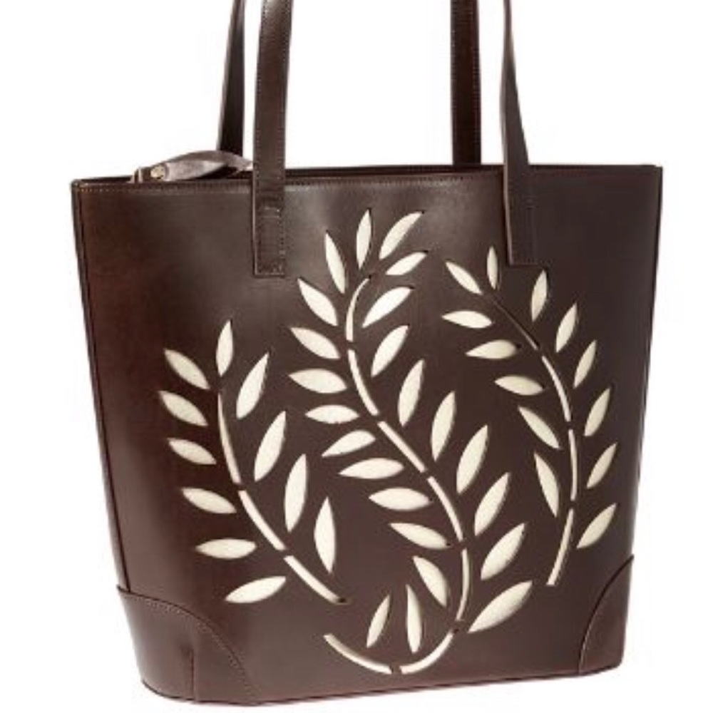 Tommy Bahama Brown Leather Palms Cage N/S Tote with Metallic Gold NWT